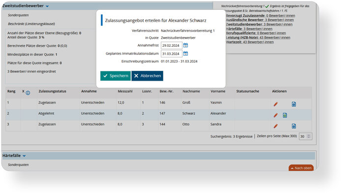 Das neueste Release ermöglicht die direkte Bearbeitung von freigegebenen Ranglisten im Vergabeverfahren, inklusive der Option, Zulassungsentscheidungen nachträglich zu ändern. Die Implementierung ersetzt die bisherige, umständliche Funktionalität in "Bewerbungen bearbeiten" und wird vollständig durch "Bewerbungen sichten" ersetzt.