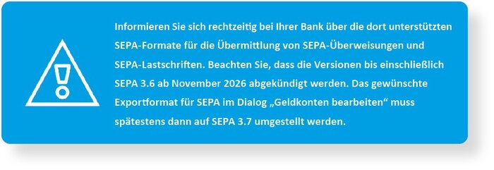 Grafik mit Aufforderung zur Informationseinholung der unterstützten SEPA-Formate bei der eigenen Bank.
