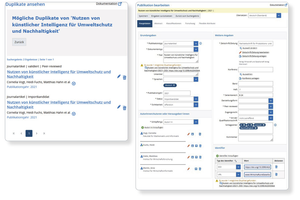 Die Bilder zeigen, wie mögliche Duplikate sowohl Import als auch beim Anlegen und Bearbeiten von Publikationen angezeigt werden.