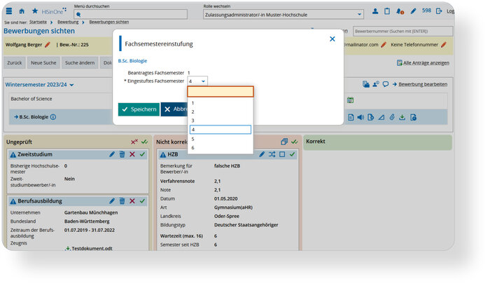 Die Implementierung eines Features zur Änderung des eingestuften Fachsemesters ermöglicht eine medienbruchfreie dezentrale Einstufung von Studiengangs-, Fach- und Hochschulwechslern. Die feingranulare Zugriffssteuerung klärt Zuständigkeiten in den Bearbeitungsprozessen und erlaubt zudem eine zulassungspaketübergreifende Umstufung