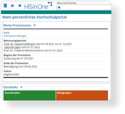 Doktoranden können nun Informationen zu bestehenden Promotionen, dem Status nach HStatG, Betreuungspersonen und möglichen Unterbrechungen einsehen, und es sind weitere Portlets für die Zukunft geplant.