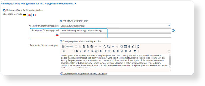 Hochschulen können nun in HISinOne die Anzeigetexte für den Antragstyp "sonstige Gründe" individuell konfigurieren, um eine präzisere und internationalisierte Auswahl in der Erfassungsmaske für Studierende zu ermöglichen.