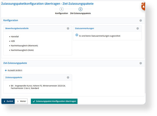 Abbildung des zweiten Schrittes in der Zulassungspaketkonfiguration