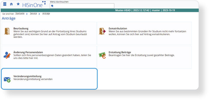  Mit dem neuen Online-Antrag "Veränderungsmitteilung" ermöglicht HISinOne eine fortschrittliche Verwaltungsdigitalisierung, die spezifische Hochschulanträge und Prozesse unterstützt. Studierende profitieren von vielfältigen Anwendungsmöglichkeiten, darunter der Upload von Nachweisen, Bescheinigungsabgaben, Anfragen zur Datenänderung und Beantragung besonderer Studierendengruppen oder neuer Bescheinigungen.