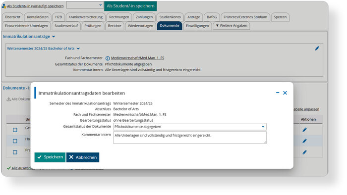 Abbildung des Fenster zur Bearbeitung von Immatrikulationsantragsdaten