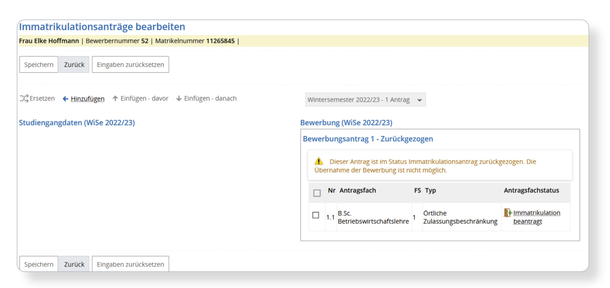 Das Bild zeigt den Status eines beispielhaften Immatrikulationsantrags.