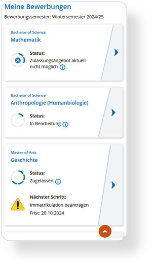 Ansicht der verbesserten Übersicht "Meine Bewerbungen" aus Studierendensicht