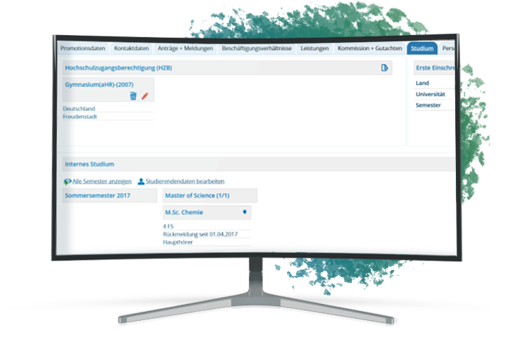 Abbildung eines Computer Monitors, welcher die Verwaltung von Informationen zum Studium zeigt