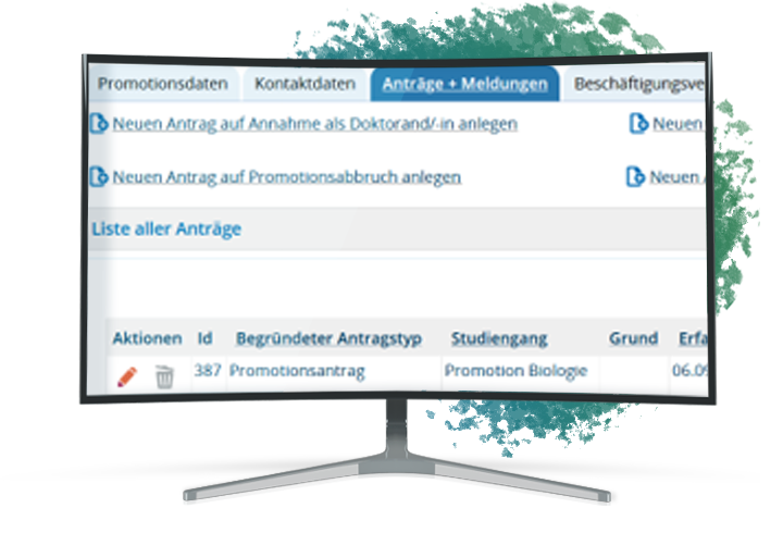 Abbildung eines Computer Monitors, welcher die Dokumentation von Anträgen zeigt