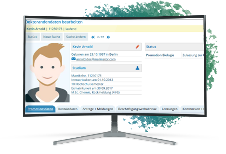 Abbildung eines Computer Monitors, welcher das Doktorandenmanagement zeigt