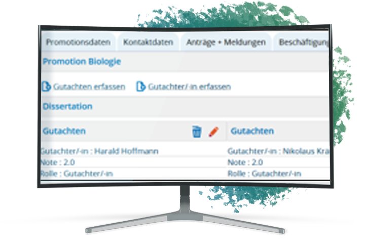 Abbildung eines Computer Monitors, welcher die Verwaltung von Gutachten und Gutachter*innen zeigt