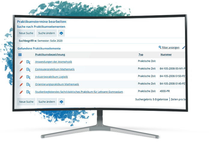 Abbildung eines Computer Monitors, welcher das Management von Praktika zeigt