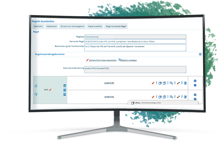 Abbildung eines Computer Monitors, welcher den separaten Regel-Editor zeigt