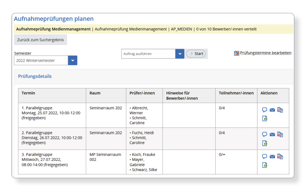 Das Bild zeigt die Funktion „Aufnahmeprüfungen planen“ mit Informationen zu Prüfungsdetails.
