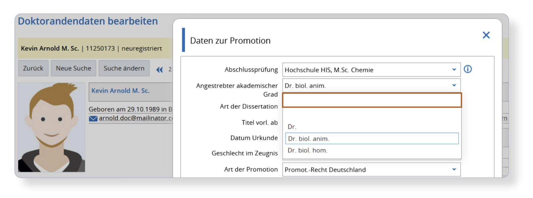 Das Bild zeigt die Bearbeitung der Doktorandendaten am Beispiel der Daten zur Promotion.
